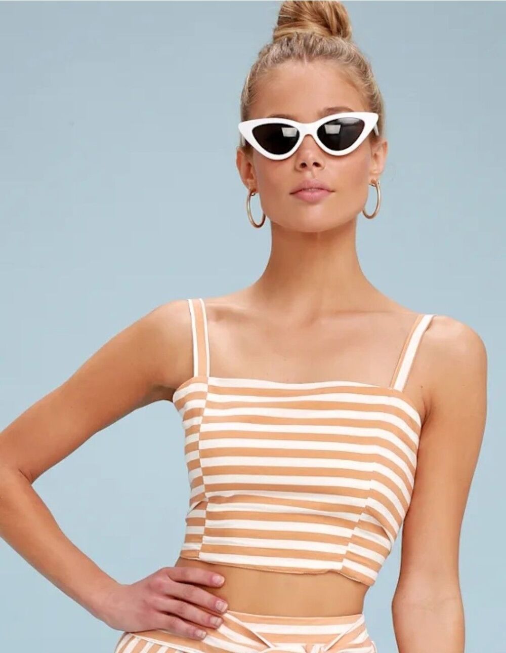 Faithfull The Brand Fortelina Tie Back Crop Top Womens 8 Nude White Striped